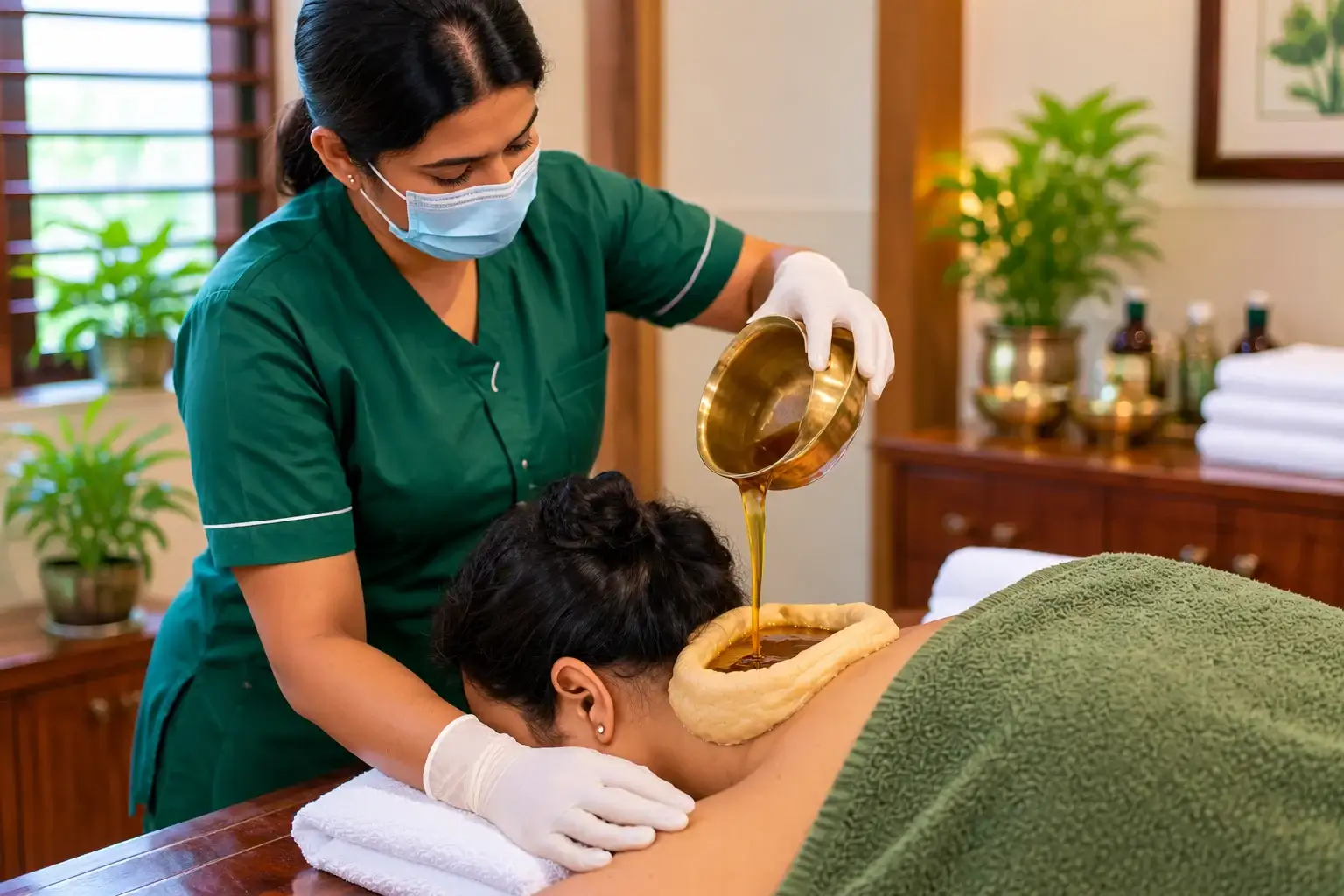 Greeva Basti: a therapist pours warm medicated oil into a dough ring at the back of a patient's neck