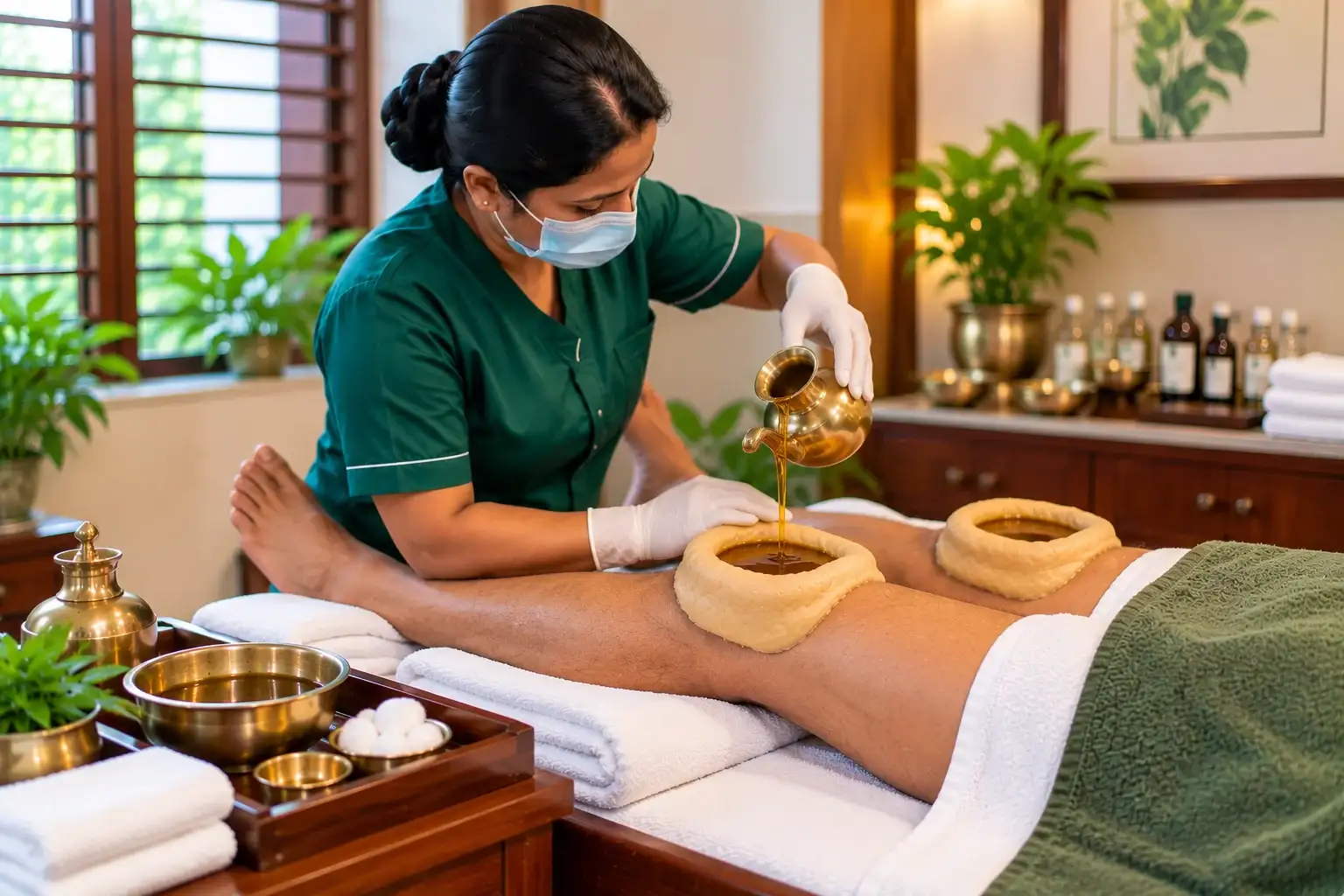 Janu Basti: a therapist pours warm medicated oil into dough rings placed over both knees