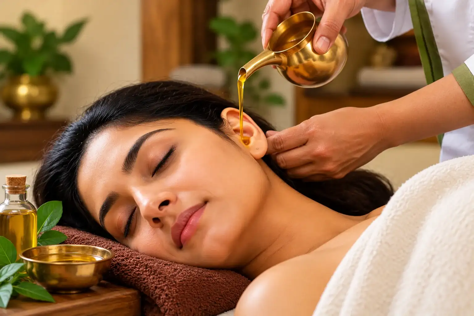 Karna Puran: warm medicated oil poured from a small brass vessel into a resting patient's ear