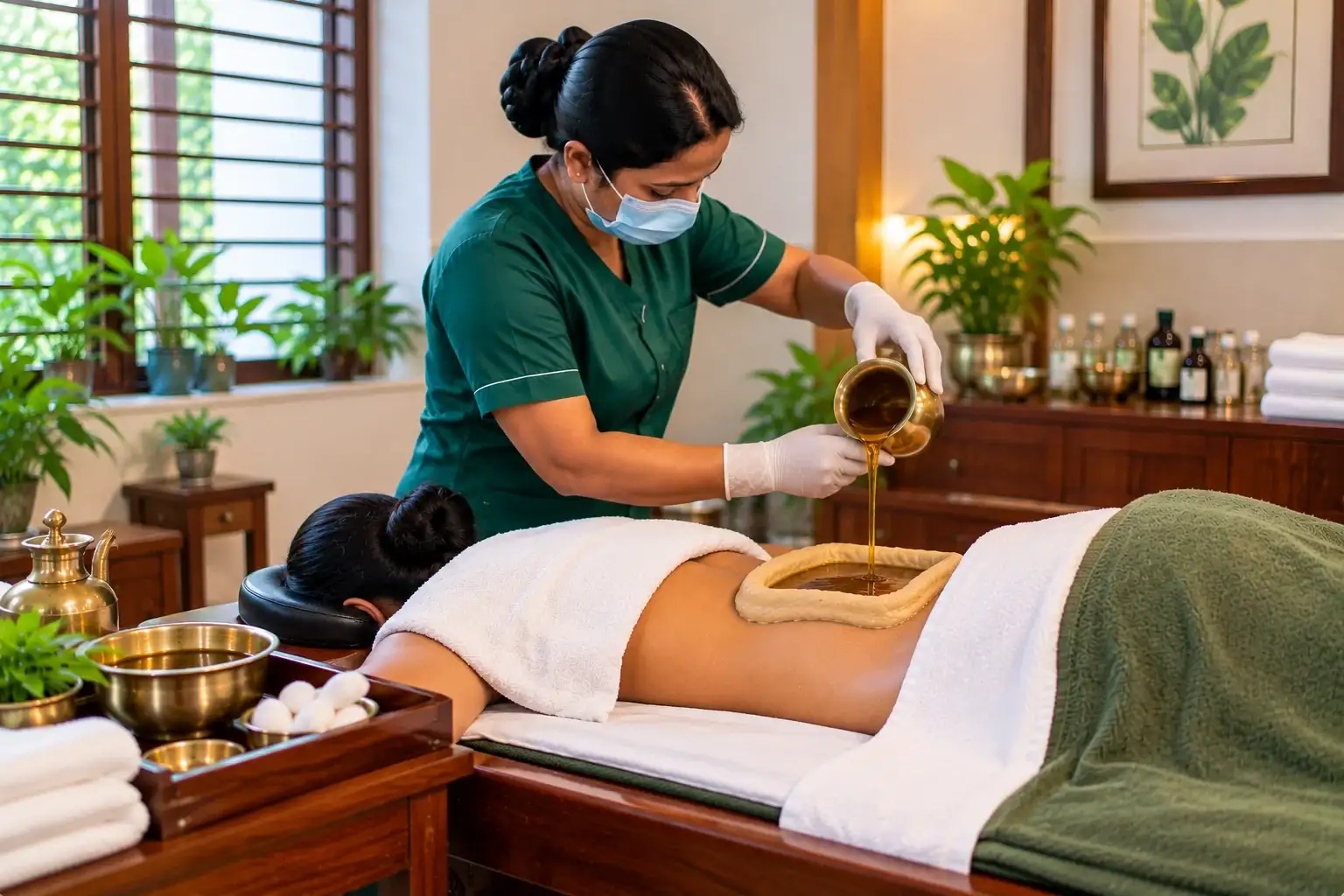 Kati Basti: a therapist pours warm medicated oil into a dough ring on a patient's lower back