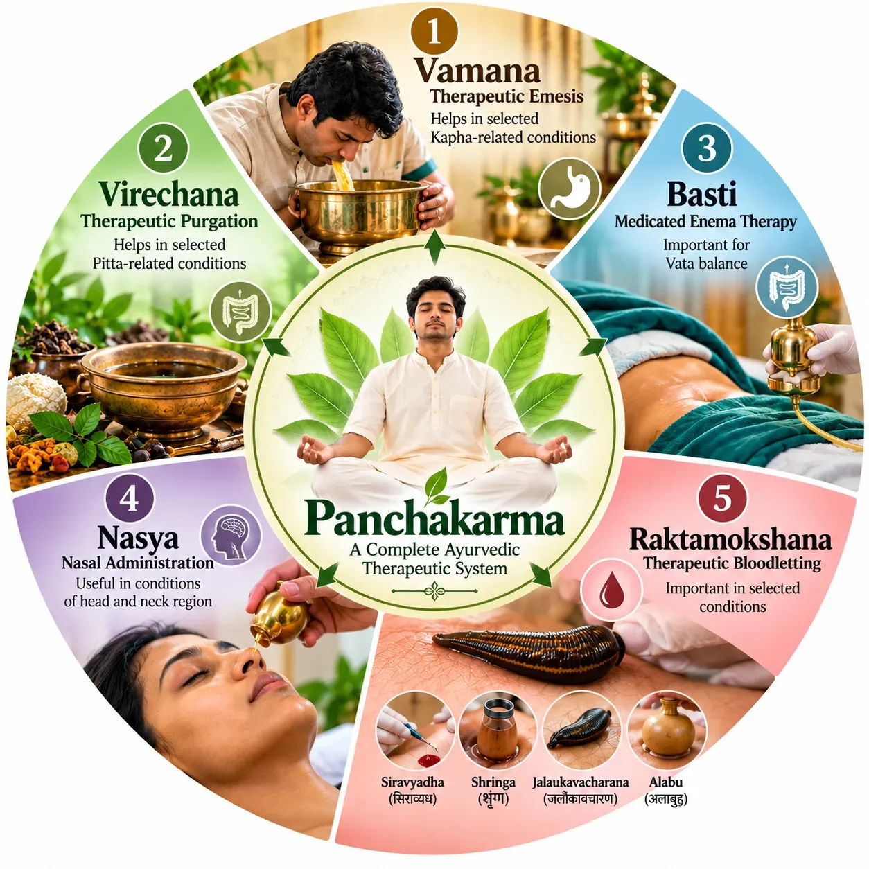 Circular diagram of Panchakarma's five therapies: Vamana for Kapha, Virechana for Pitta, Basti for Vata, Nasya for head and neck conditions, and Raktamokshana with its four methods