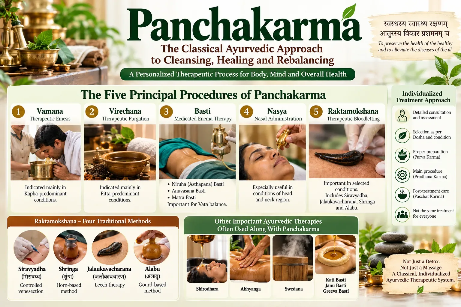 The five principal Panchakarma procedures (Vamana, Virechana, Basti, Nasya and Raktamokshana) with the four Raktamokshana methods and supporting therapies such as Shirodhara, Abhyanga, Swedana and Kati Basti