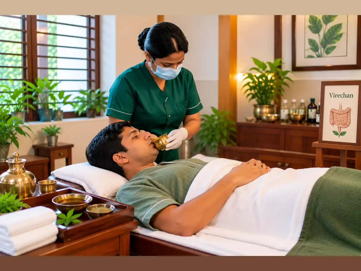 Virechana: a therapist gives a patient resting under a blanket a small brass cup of herbal medicine to drink